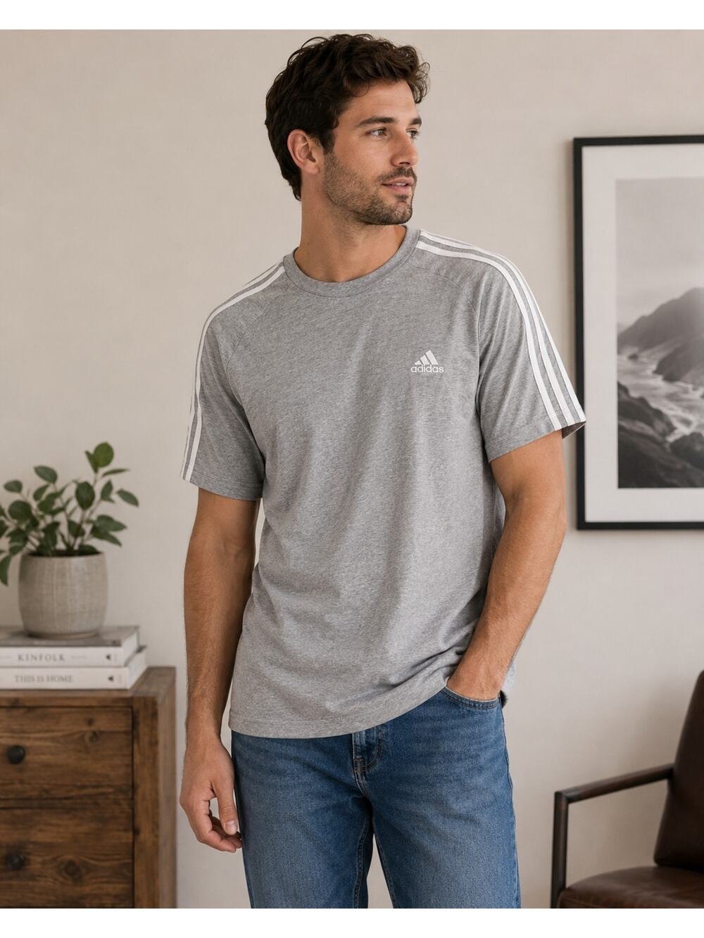 Adidas Essentials 3-Stripes Gray Tee Shirt Men’s 2XL Athletic Casual